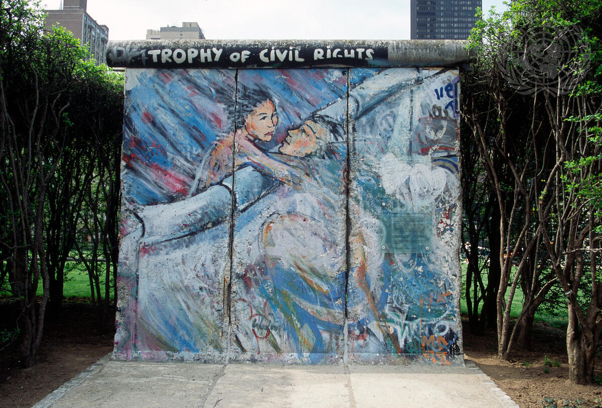 A view of three segments of the "Berlin Wall" at the North Garden of UN Headquarters in New York