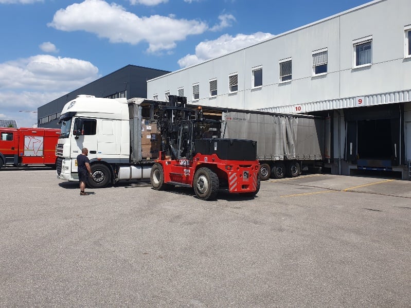 A truck with humanitarian supplies.