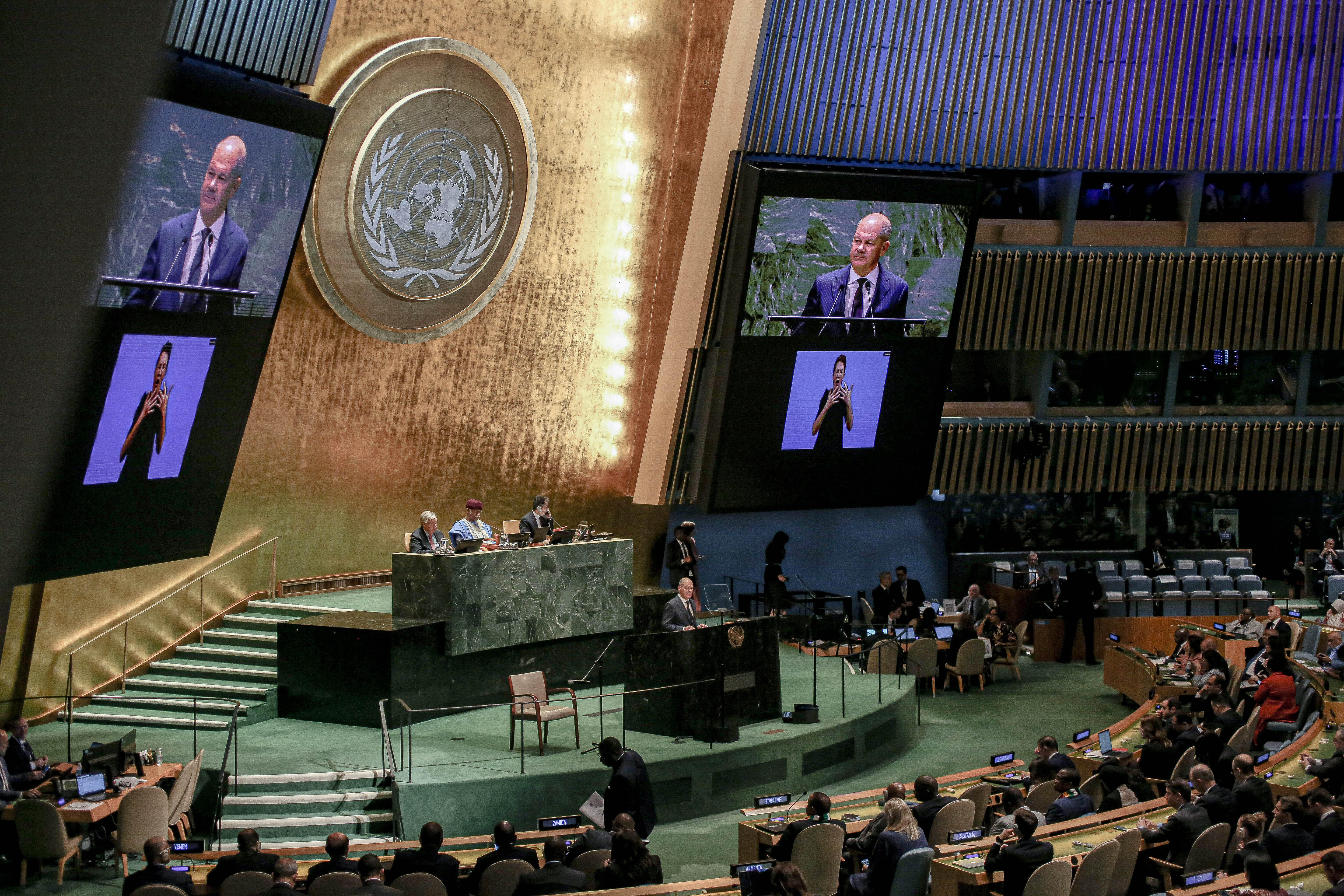 hancellor, Federal Republic of Germany, projected onto screens while speaking during the first official day of - Summit of the Future in regards to the - A Pact for the Future, a document that was introduced by Germany and Namibia and agreed in advance by consensus through intergovernmental negotiations.