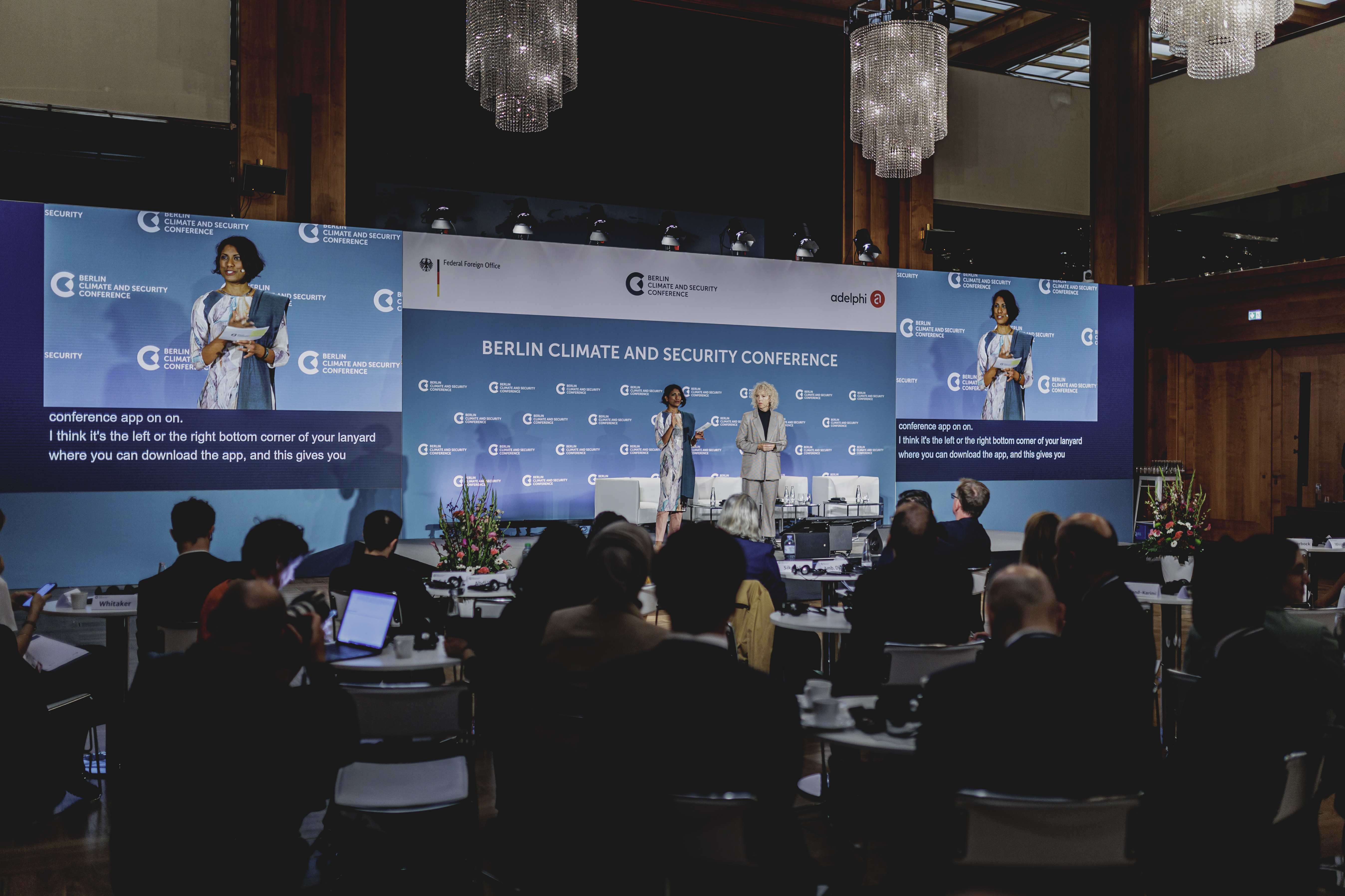 Jennifer Morgan, State Secretary and Special Envoy for International Climate Action, on stage with the moderator at the Berlin Climate and Security Conference.