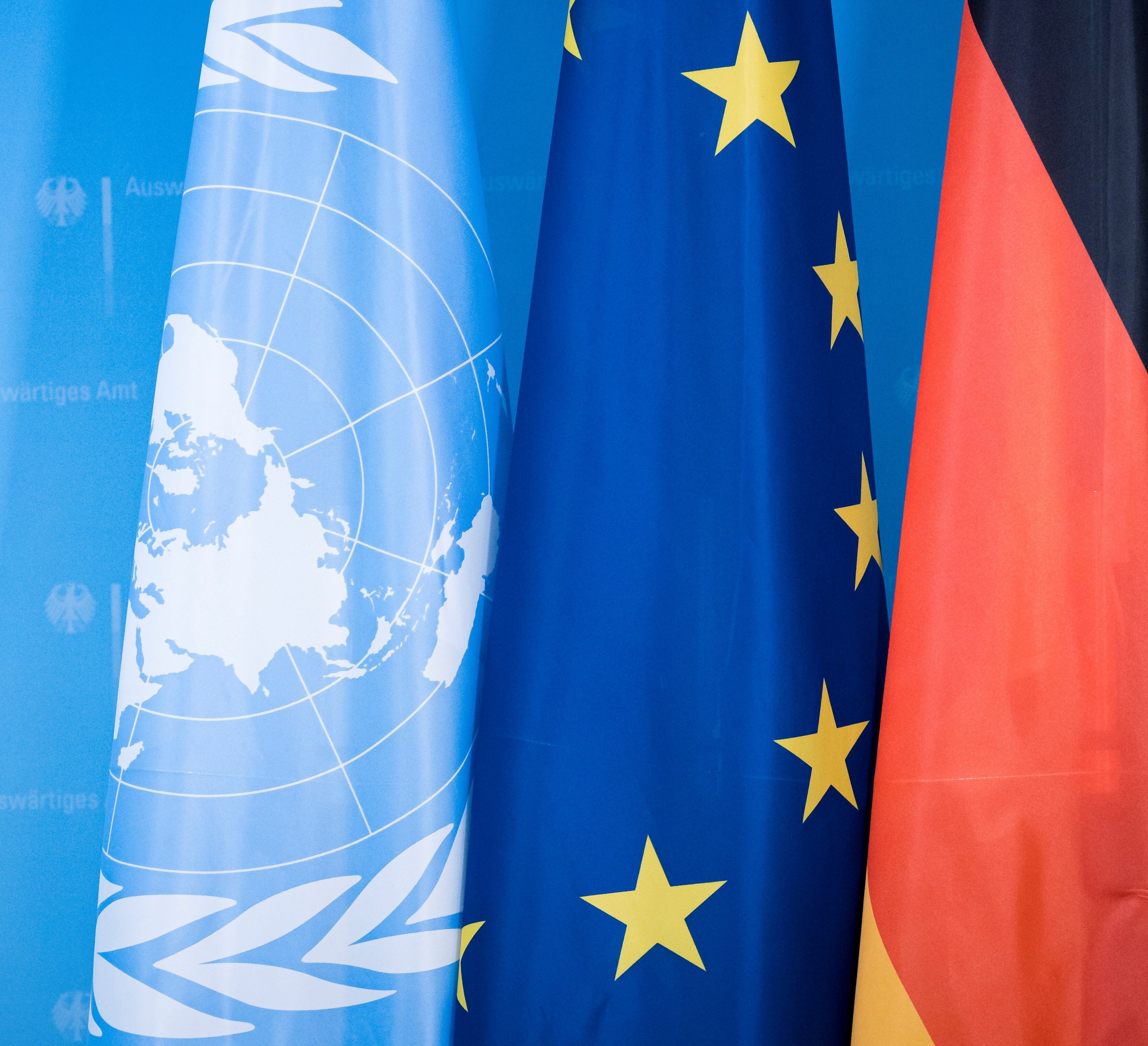 UN Flag, EU Flag, German Flag