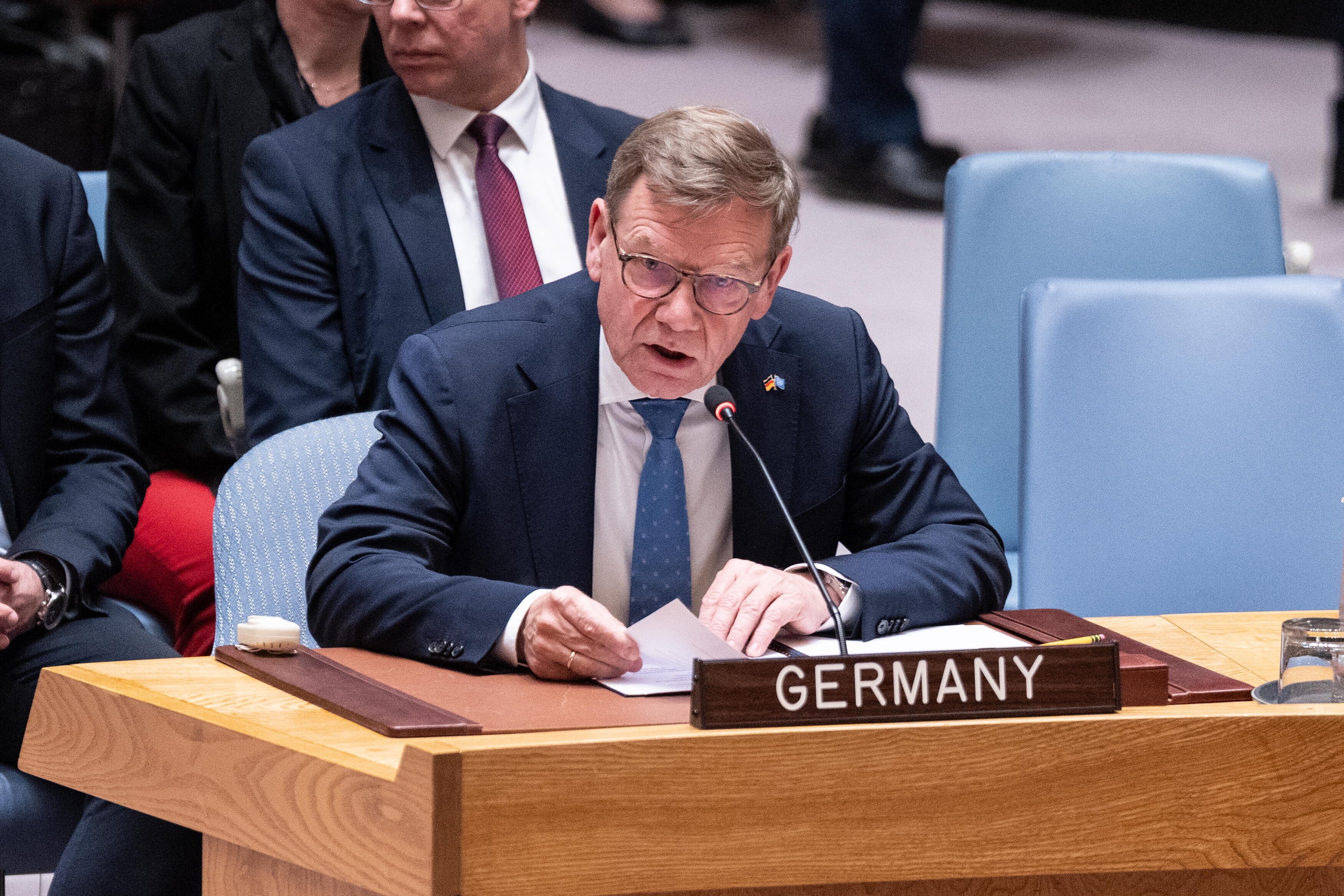 Johann Wadephul, Federal Minister for Foreign Affairs of Germany speaks during attends Security Council meeting on Maritime Security at UN Headquarters in New York, NY on April 27, 2026 as Iran closed down Strait of Hormuz following conflict with USA and Israel. About 20% of world supply of oil going to markets through the strait.